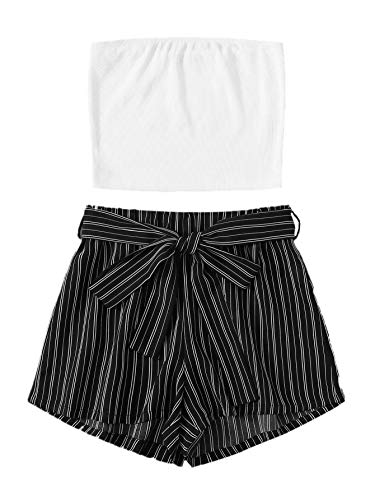 SweatyRocks Women's Sexy 2 Piece Outfits Striped Bandeau Tube Crop Top with Shorts Set White Small