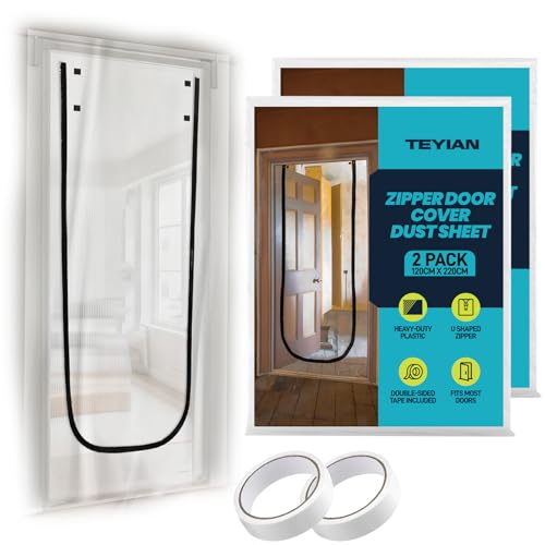 TEYIAN 2Pack 1.2m x 2.2m Plastic Dust Sheet Door Cover with Zipper Heavy Duty Clear Polythene Sheet Door Protector Door Curtain with 10m Double-Sided Tape for Decorating and DIY Projects