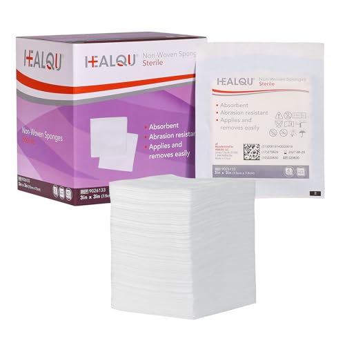 Healqu | Almofadas de gaze não tecidas, esponjas cirúrgicas estéreis, esponjas de gaze médica superabsorventes para vendar feridas, desbridar, limpar e preparar (caixa de 3 x 3 unidades, estéreis)