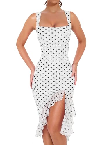 Image of BORIFLORS Women's Sexy Ruched Bodycon Midi Dresses Square Neck Sleeveless Ruffle Hem Club Party Tank Dress