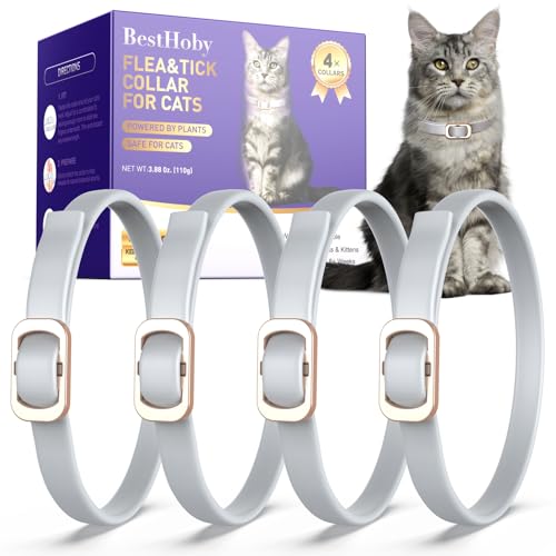 Flea and Tick Collar for Cats (4 Pack), Plant-Powered with Natural Essential Oils, Water-Resistant, Adjustable for All Cats & Kittens (Gray)