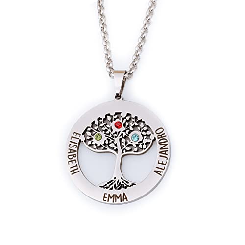 Wanapix | Colgante Personalizado para Mujer | Collar Árbol de la Vida | Con Grabado hasta 3 Nombres | Acero Inoxidable | Regalo Original | Día de la Madre