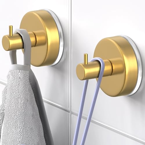 Image of HUFEEOH Gold L-Shape Suction Cup Hooks for Shower Walls, 2-Pack | Removable Suction Mounts, 304 Stainless Steel, Screw-Free Setup, Robes And Bath Accessories on Dry, Smooth Glass And Tile