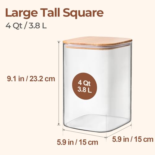 Image of ComSaf 4 Qt Glass Food Storage Containers Set of 2, Large Storage Containers with Lids, Square Glass Jars with Lids, for Flour and Sugar, Cereal, Rice, Pasta, Oats, Coffee Beans