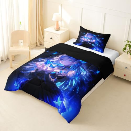 Image of Erosebridal 3D Japanese Girl Kids Comforter Set | Blue Butterfly Decorations Bedding Twin Size Cartoon Down Comforter Anime Gifts for Her Duvet Set for Bedroom