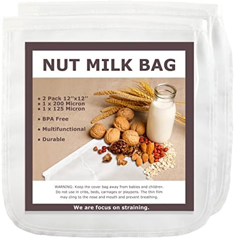 Nut Milk Bags, 12"x12", 2 Pack, Reusable Nylon Food Strainer, Multi-use Food Grade Filter for Almond Milk, Juice, Tea, Cold Brew Coffee(1x200 Micron & 1x125 Micron)