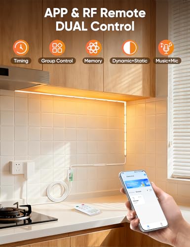 Image of COB LED Strip Lights 2700K Warm White with DC24V UL Listed Adapter | Music Sync LED Lights Remote App Control 16.4ft /5m CRI90+ Ultra Bright LED Rope Lights for Home Bedroom Cabinet DIY Lighting