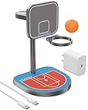 KU XIU 3-Point Power 3 in 1 Charging Station for Apple, X85 Aluminum Alloy Magnetic Wireless Charger with Mini Basketball & Hoop for iPhone 16/15/14/13/12, 5W for Apple Watch, AirPods, Red & Blue