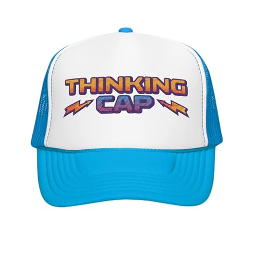 Stranger Things Dustins Thinking Cap Trucker Hat Officially Licensed Adjustable Mesh Baseball Cap Retro Hawkins TV Show Hat White/Blue