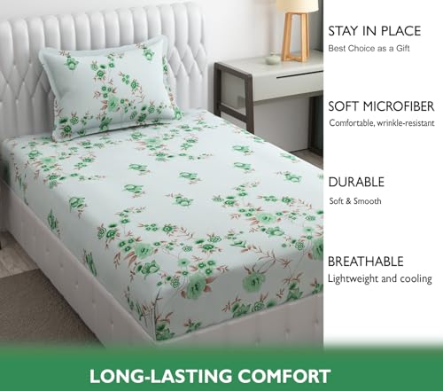 Image of Fresh From Loom Floral Print 240 TC Microfiber Single Bed Bedsheet Set with 1 Pillow Covers - Hypoallergenic & Soft (60 x 90 inch | Cyan, Floral Design)