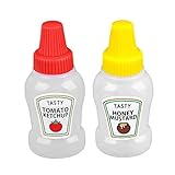 Dimensión: cada botella de plástico vacía medir 7.5 x 3.2 cm, el cuerpo de botella blanda es fácil de exprimir salsa, incluso con una mano, puede abrir y cerrar fácilmente tapa..Botellas de chorro para salsas