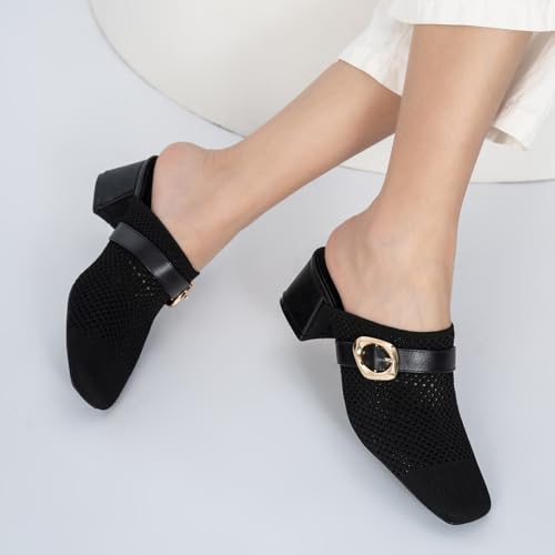 Heeled Mules for Women Comfortable Knit Square Closed Toe Slip On Chunky Heels Slide Sandals Ladies Shoes3