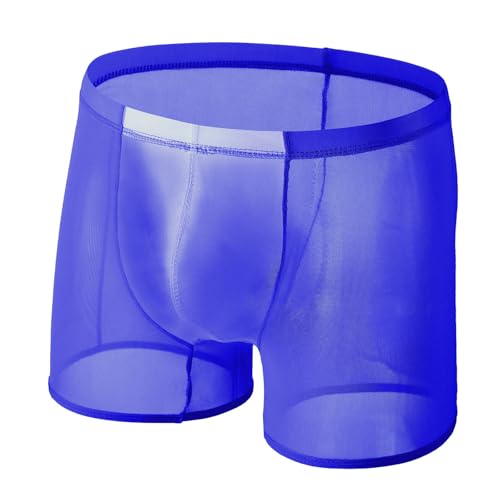 Calzoncillos tipo bóxer de malla transparente para hombre, ropa interior sexy transparente, holgada, transpirable, boxeador, ropa de dormir fina, ropa de dormir de color sólido, O azul., XXXL