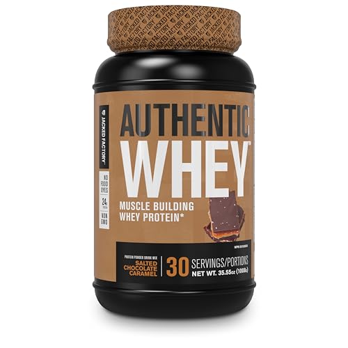 Jacked Factory Authentic Whey Muscle Building Whey Protein Powder - Low Carb, Non-GMO, No Fillers, Mixes Perfectly - Delicious Salted Caramel Flavor - 2LB Tub