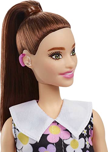 Barbie Fashionistas Doll #187 With Behind-The-Ear Hearing Aids, Brunette Ponytail, Shift Dress & Pink Boots #TOP2