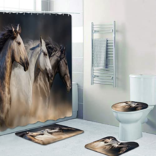 Duschvorhang Schwarzes Weißes Pferd Badezimmerteppich 4-Teiliges Set, Duschvorhang 180x180 Polyester+Badematte…