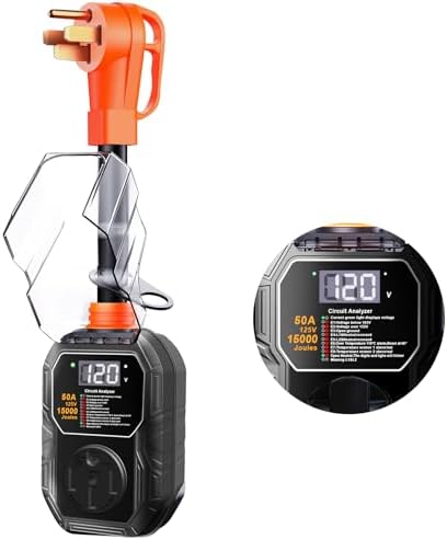 15000 Joules 50 Amp RV Protector, Upgraded RV Circuit Analyzer RV Power Protector with Waterproof Cover, Rv Adapter Plug with LED Power Indicator Rv Voltage Protector for Camper, Travel Trailers