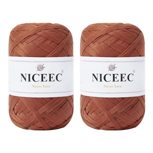 NICEEC 2 Skeins Soft Tape Yarn for Crocheting Craft Paper Yarn Easy Crochet Raffia Yarn Ribbon Yarn for DIY Craft Gift Wrapping Total Length 1.76oz2/109yds2-Caramel
