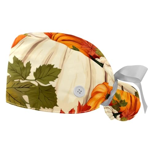 2Pcs Thanksgiving Pumpkin Leaves Z Scrub Caps Button Sweatband Adjustable Working Cap Surgical Cap Nurse Hats Women Men Multicoloured