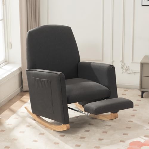 Image of FOXHUNTER Rocking Chair Nursery with Adjustable Footrest and High Backrest, Upholstered Glider Chairs with Side Pockets for Nursery, Rocker Armchair Indoor for Living Room, Dark Gray