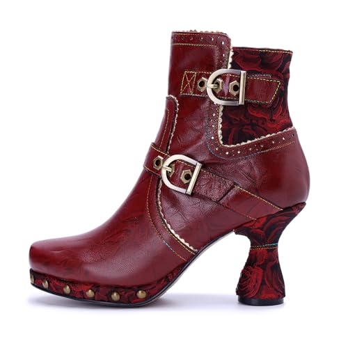 CrazycatZ Womens Block Heels Leather Ankle Boots Vintage Mid Calf Colorful Boots4