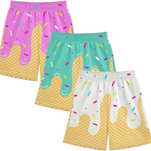3 Stripes Boys Ice Cream Shorts, Ice Cream Baseball Shorts, Boys Summer Cute College Style, Elastic Waist Casual Pants