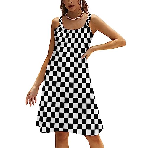 MENRIAOV Women's Spaghetti Strap Sleeveless T Shirt Dresses Black White Race Checkered Flag Casual Beach Cover Up Dress