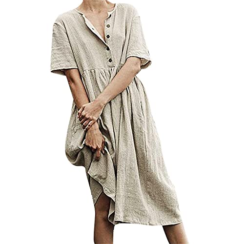 QWUVEDS Vestido de vino Ropa Lino Cuello redondo Entretenimiento Mujer Vestido de mujer Otoño, caqui, XXXXXL