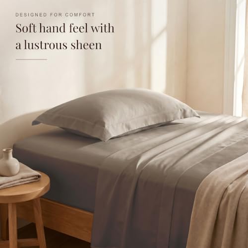 Image of Huesland Premium Pure Cotton Sateen Weave 300 Thread Count Bedsheet for Single Bed with 2 Pillow Covers | Dessert Taupe | 88 x 55 inches
