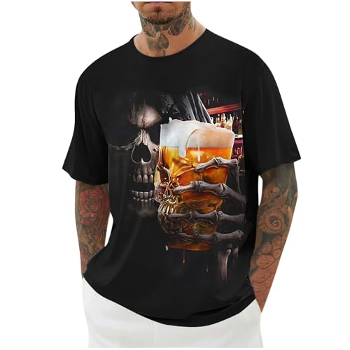 Générique Oversize Tee Shirt Homme Tête De Mort T-Shirts à Manches Courtes Teeshirt Imprimé Tshirt Col Rond Grande Taille Vetement Fin Cut Ete Habit Bière 3XL