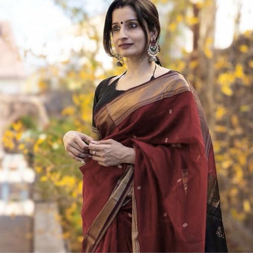 Image of Women's Cotton Woven Soft Sarees With Attach Blouse Piece.
