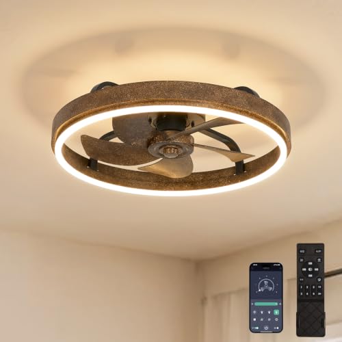 Image of 20 Inch Low Profile Farmhouse Ceiling Fan with Dimmable LED & Remote | Rustic Wood Fandelier, Vintage Flush Mount Ceiling Fan, Smart Remote & APP Control, Dimmable LED, 6 Speed, Reversible Blades