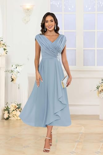 Lace Applique Chiffon Mother of The Bride Dresses Cap Sleeve V Neck Formal Evening Dress for Women4