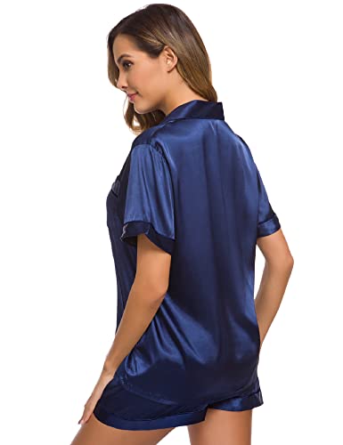 Image of SWOMOG Womens Silk Satin Pajamas Set Short Sleeve Sleepwear Button Down Top and Shorts Loungewear 2 Piece Pjs Set XS-3XL Navy Blue Solid X-Large