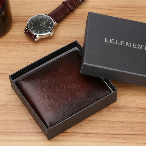 LELEMENT Top Genuine Leather Mens Wallet | RFID Blocking Bifold Wallet For Men with 2 ID Window | Thoughtful Gift for Men with Gift Box | Brown Wallet3
