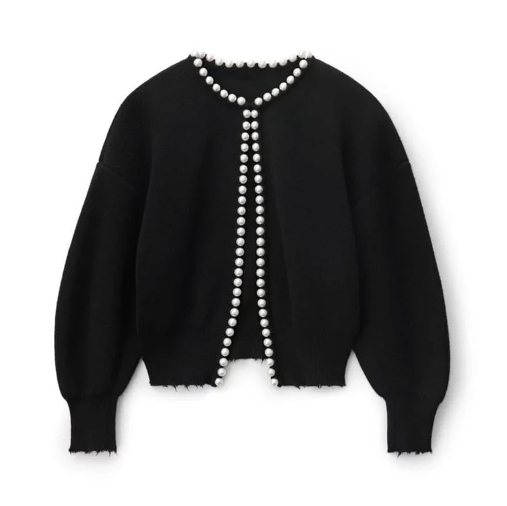 Apvirdy Womens Open Front Cardigan Sweaters Trendy Pearl Trim Long Sleeve Knit Tops Crewneck Dressy Sweater Jacket