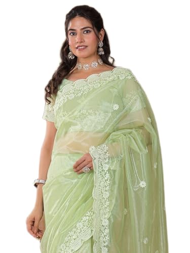 Image of Satrani Women's Net Embroidery Saree with Unstitched Blouse Piece