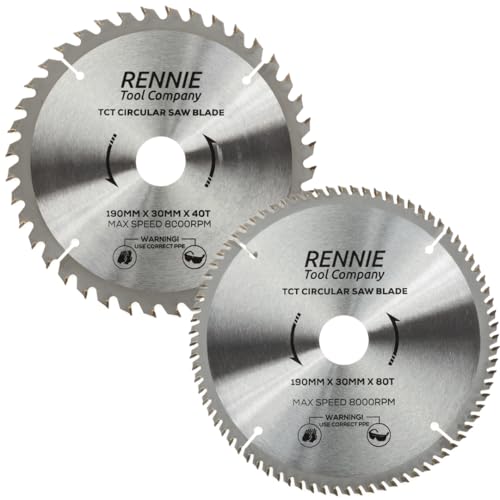 2 Pack - 190mm x 40T & 80T TCT Saw Blade. 190mm Circular Saw Blade For Fine Cuts x 30mm Bore + 25mm/20mm/16mm Bore Reduction Rings Compatible With Bosch Makita Milwaukee Ryobi Dewalt Circular Saws etc