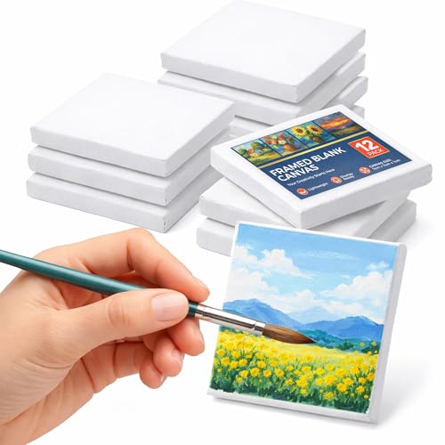 SOL 12pk Framed Blank Mini Canvas for Acrylic Painting 7cm x 7cm Small Square Cotton Polyester Paint Board Panels for DIY Crafts Art Projects Party Favours and Home Decor Miniature Art Supplies