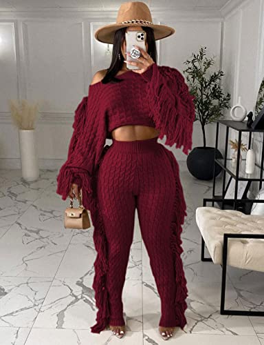 Image of KANSOON 2 Piece Sweater Set for Women Cable Knit Fringe Crop Top and Pants | Cozy feel, ribbed high waist, comfortable stretch fit for birthday and chilly going-out outfits