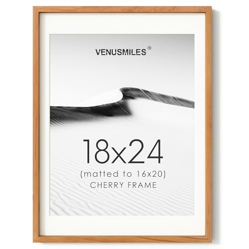 Image of 18x24 Poster Frame, USA-Sourced Natural Cherry Wood Picture Collage Frame with HD Tempered Glass, Modern Simple 18 x 24 Wooden Photo Frame Matted to 16x20, Vertical & Horizontal Wall Hanging Display