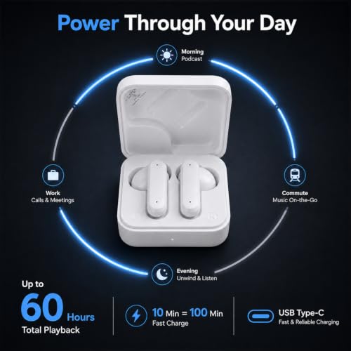 Image of True Wireless Bluetooth Earbuds with 60 Hours Total Playback, Bluetooth 5.3, Deep Bass, ENC Calling Mic, Touch Controls, USB Type-C Fast Charging, in-Ear TWS Earphones White