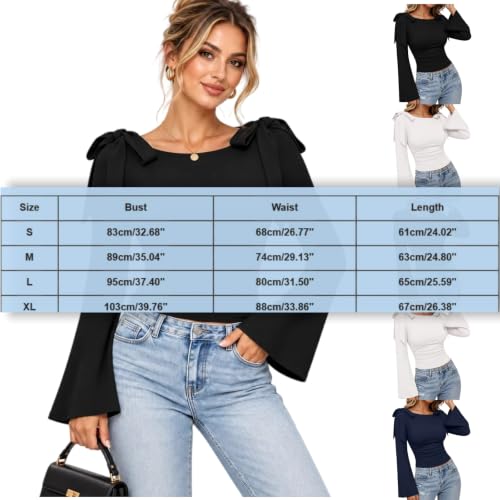 Fall Tops for Women 2026,Fall Tops for Women Elegant Bell Long Sleeve Slim Fit Shirts 2026 Trendy Y2K Casual Going Out Date Night Blouses,01-Black,L - image 5