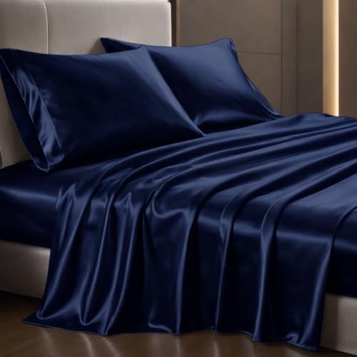 Image of elanorhomes 300TC Premium Satin King Size Bedsheet 90 * 108 inches with 2 Pillow Covers | Ideal for Summers & Winters | Valentine for Couples, Romantic Dates, and Weddings (Windsor Navy)