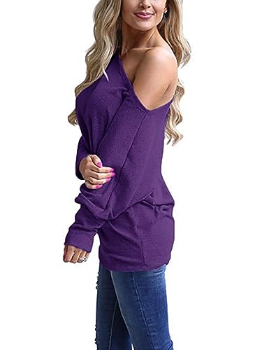 Poetsky Women'S Long Sleeve Boat Neck Shirts Loose Casual Tunic Tops Purple L thumb #1