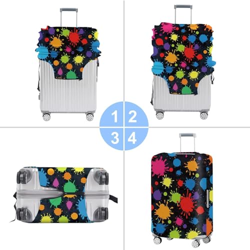 Image of Colorful Paint Splatter Luggage Cover - Artistic Suitcase Protector for 24-26 Inch Travel Bags - Vivid Abstract Drip Design with Black Background,M