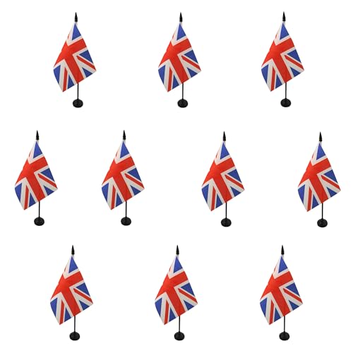AZ FLAG - Lot de 10 Drapeau De Table Royaume-Uni - 15x10 cm - 10 Mini Drapeaux Anglais - Uk - Grande Bretagne De Bureau 100% Polyester Avec Hampe De 25cm Et Socle En...