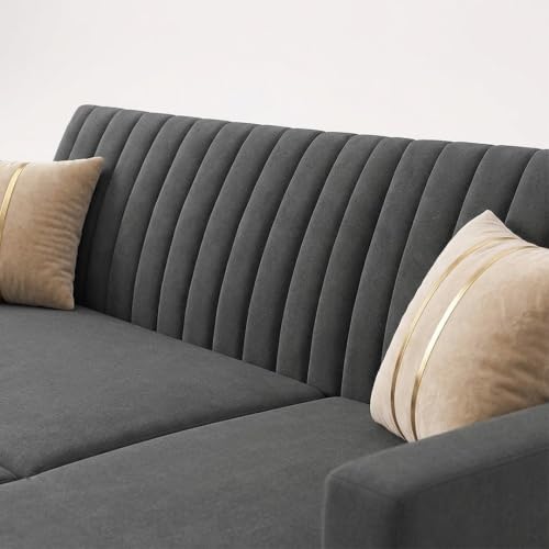 Image of CASASTYLE Kyagar 6 Person Seating RHS L Shape Sofawith Pull Out Bed & Storage Lounger | Premium Soft Velvet Suede Fabric | Comfort Cushions | Ideal for Living Room, Hotel & Office (Dark Grey)