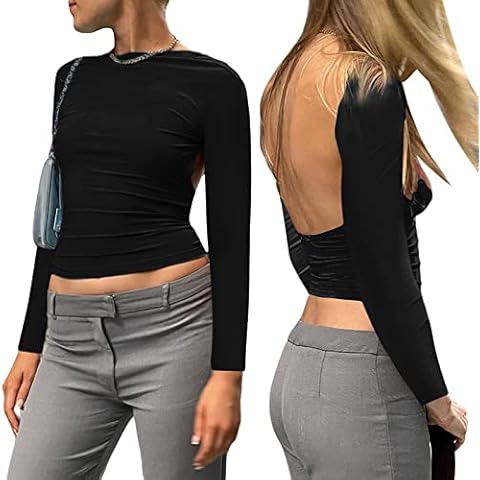Women Sexy Back Cut Out Top Long Sleeve Backless T Shirt Y2K Fashion Shirts Solid Casual Club Going Out Party Crop Top Summer Slim Fit Tee Shirt (Long Sleeve Black, S) Cover