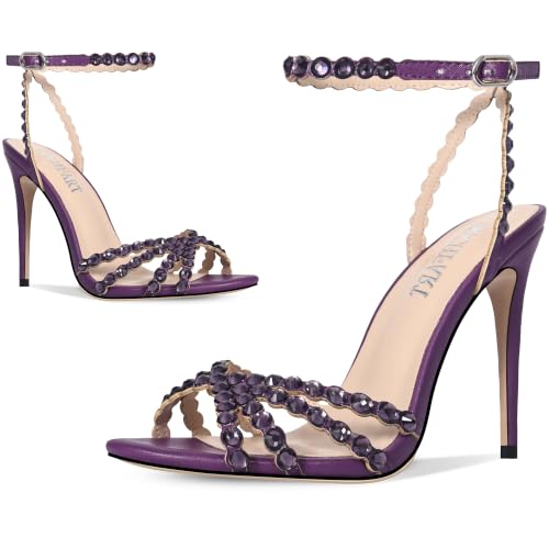 Image of HOCHFART Women's Rhinestone Stiletto High Heels Buckle Strappy Heeled Sandals Round Toe Sexy Dressy Pumps Shoes